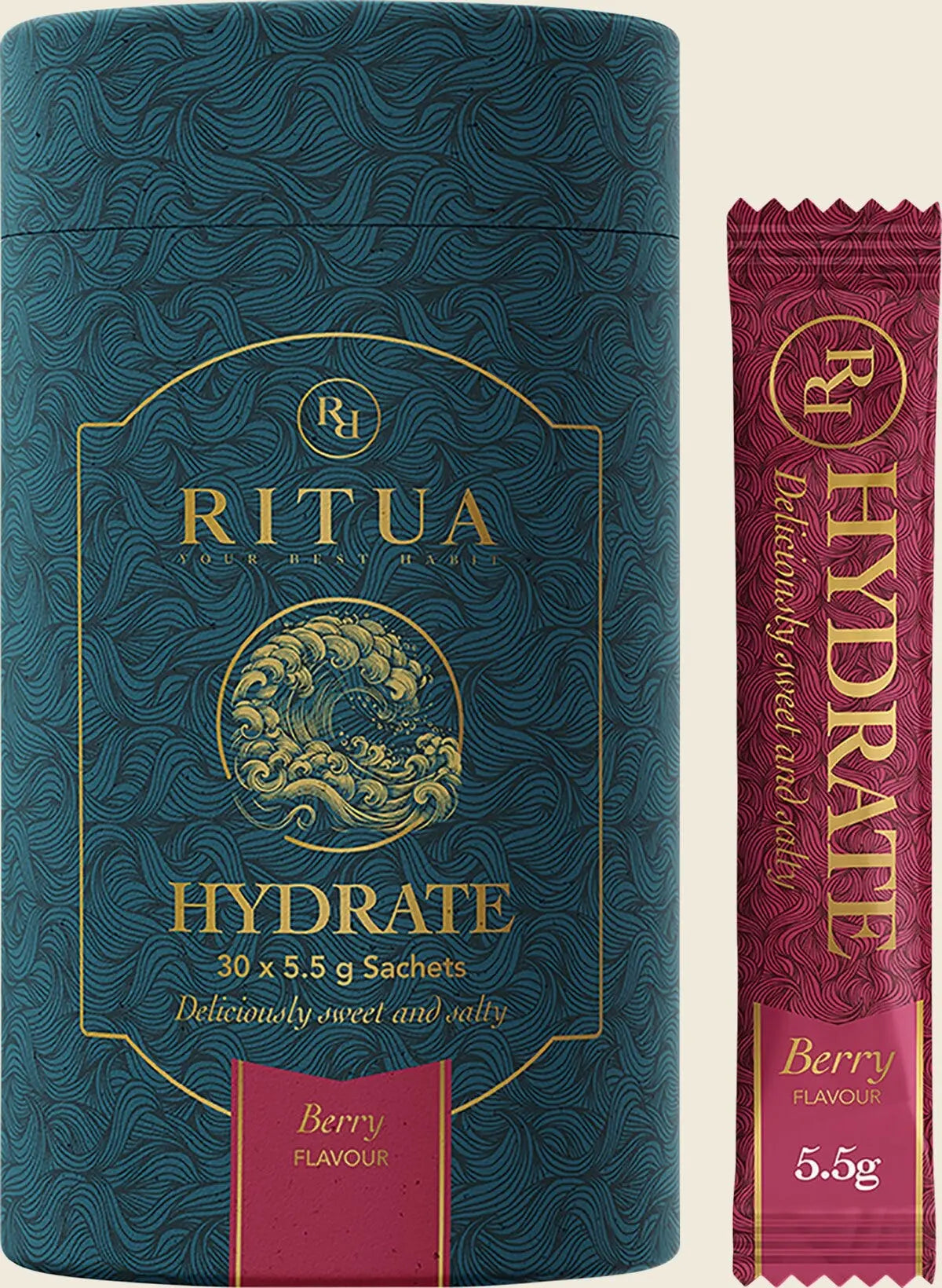 Ritua HYDRATE Berry 30 x 5.5g — authentic UHP retail carton and sachet image
