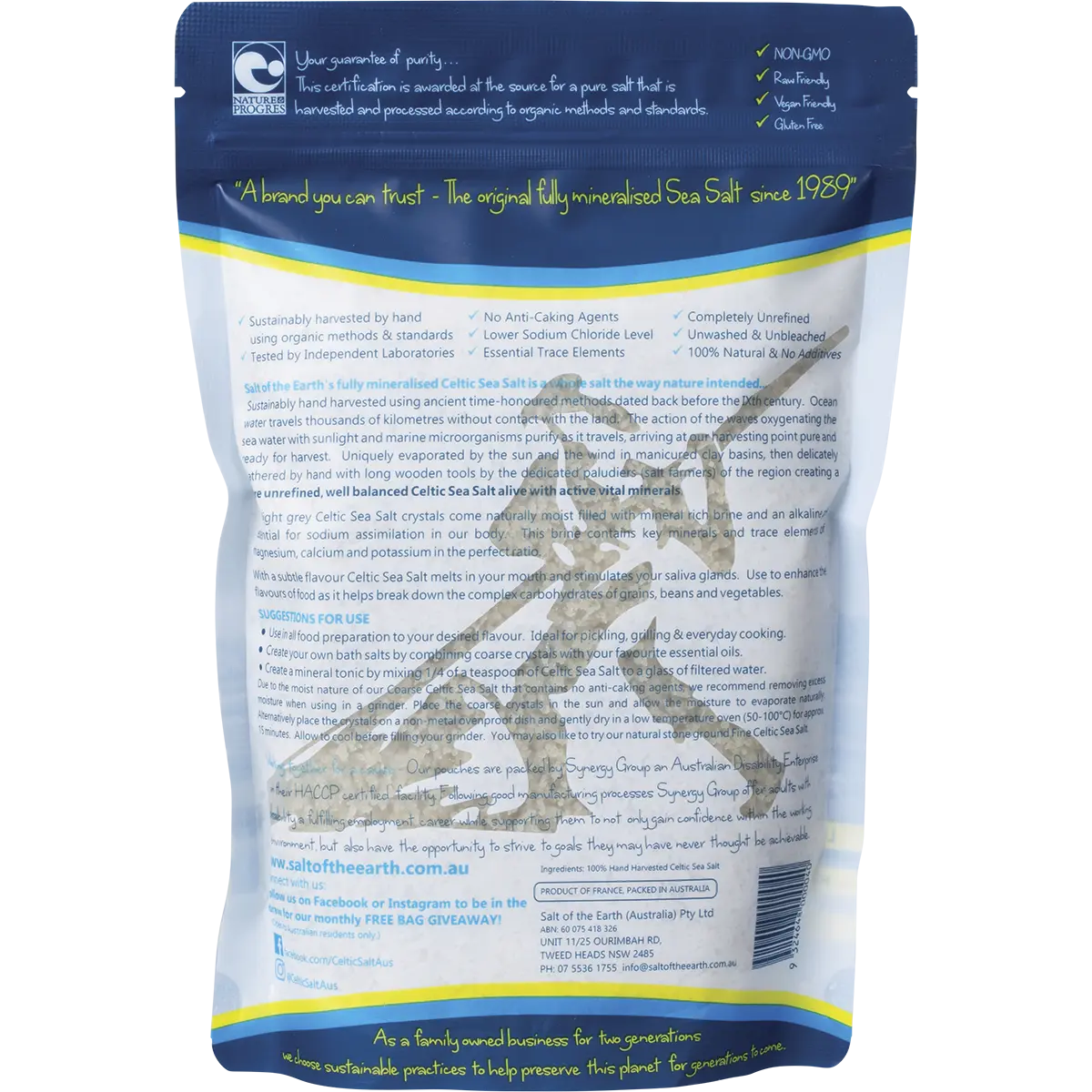 Salt Of The Earth Hand Harvested Celtic Sea Salt 650g — back pack image (UHP)