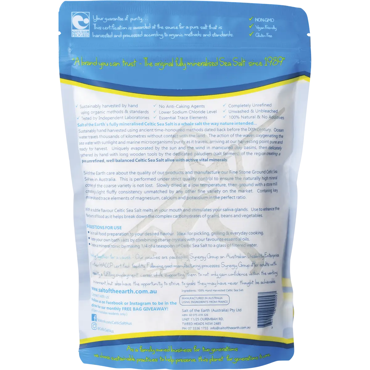 Salt Of The Earth Hand Harvested Celtic Sea Salt 650g — back pack image (UHP)