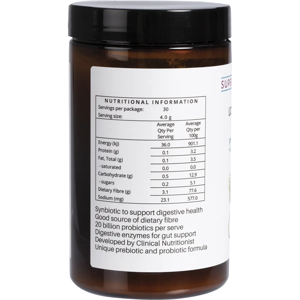 Supercharged Food Love Your Gut Synbiotic Powder Pre/Probiotic 120g — side pack image (UHP)