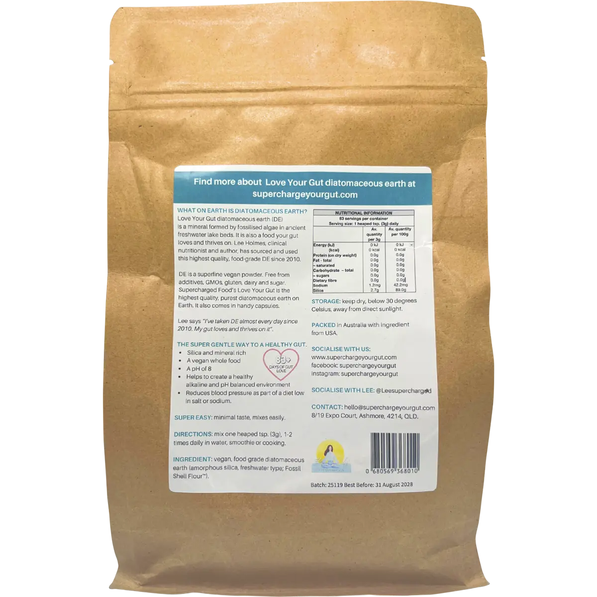Supercharged Food Love Your Gut Powder Diatomaceous Earth — back pack image (UHP)