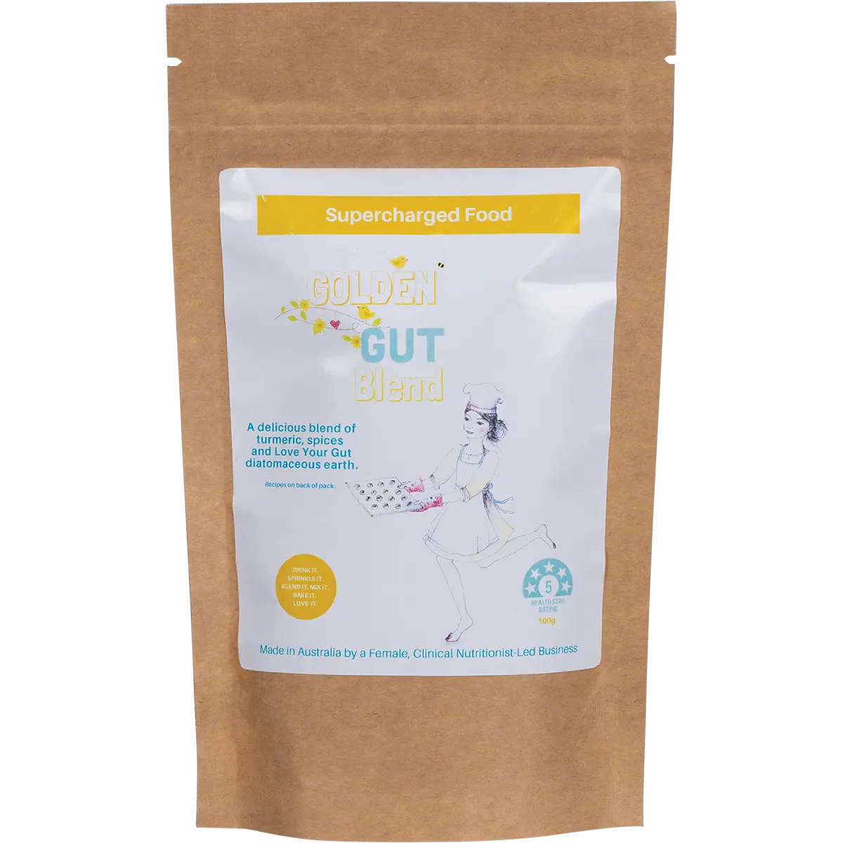 Supercharged Food Golden Gut Powder 100g — front pack image (UHP)
