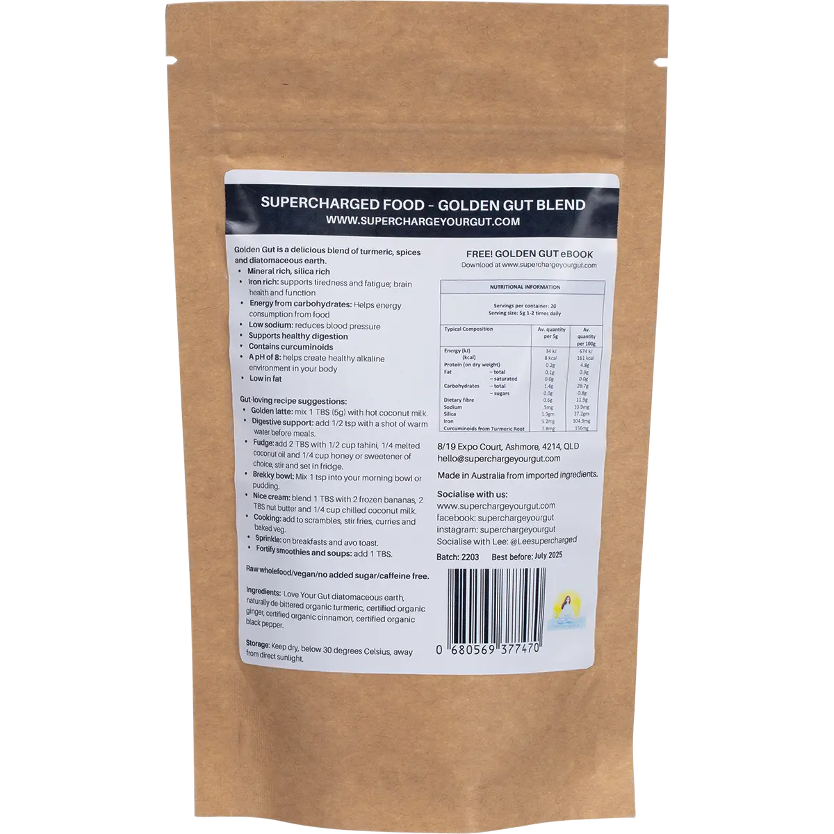 Supercharged Food Golden Gut Powder 100g — back pack image (UHP)