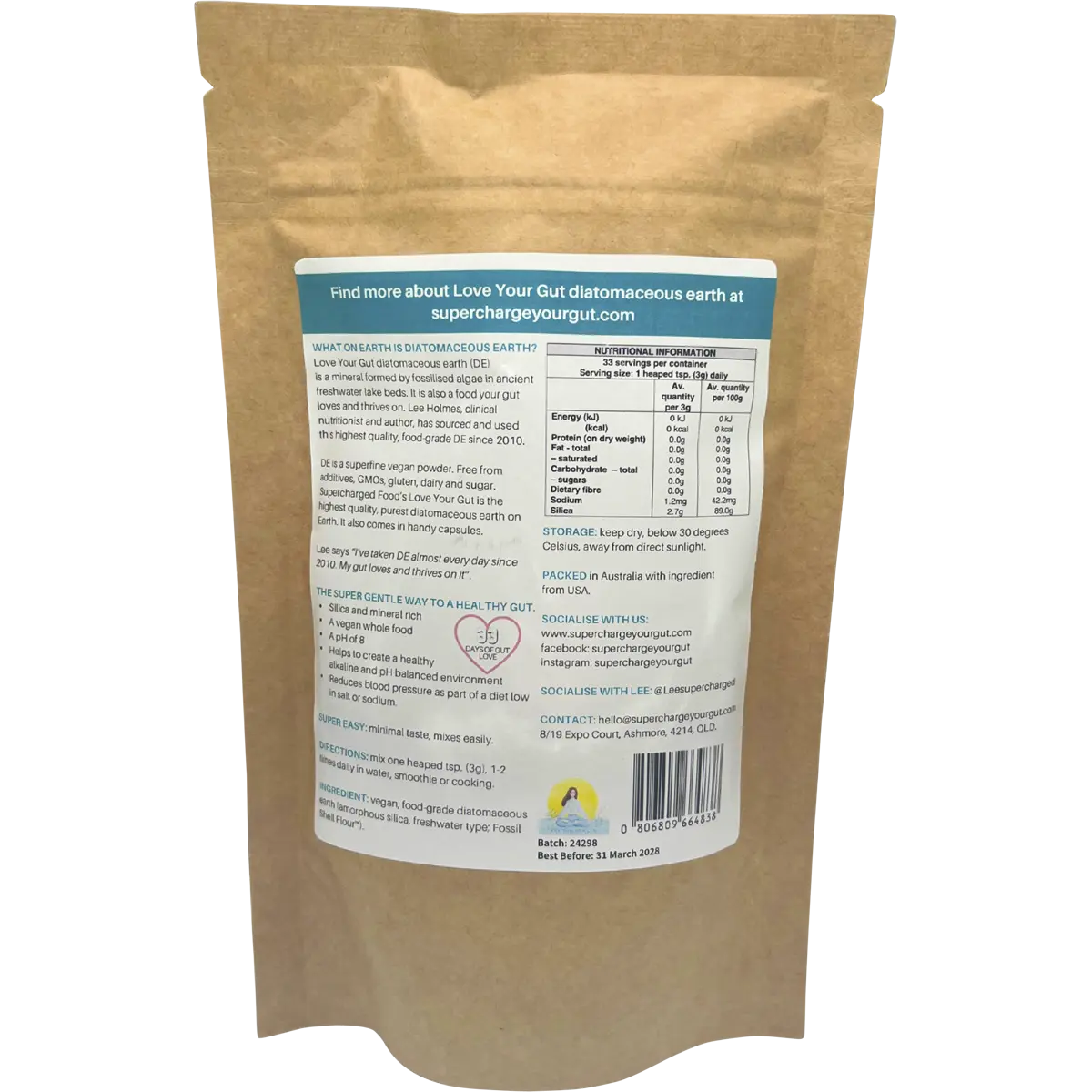 Supercharged Food Love Your Gut Powder Diatomaceous Earth — back pack image (UHP)