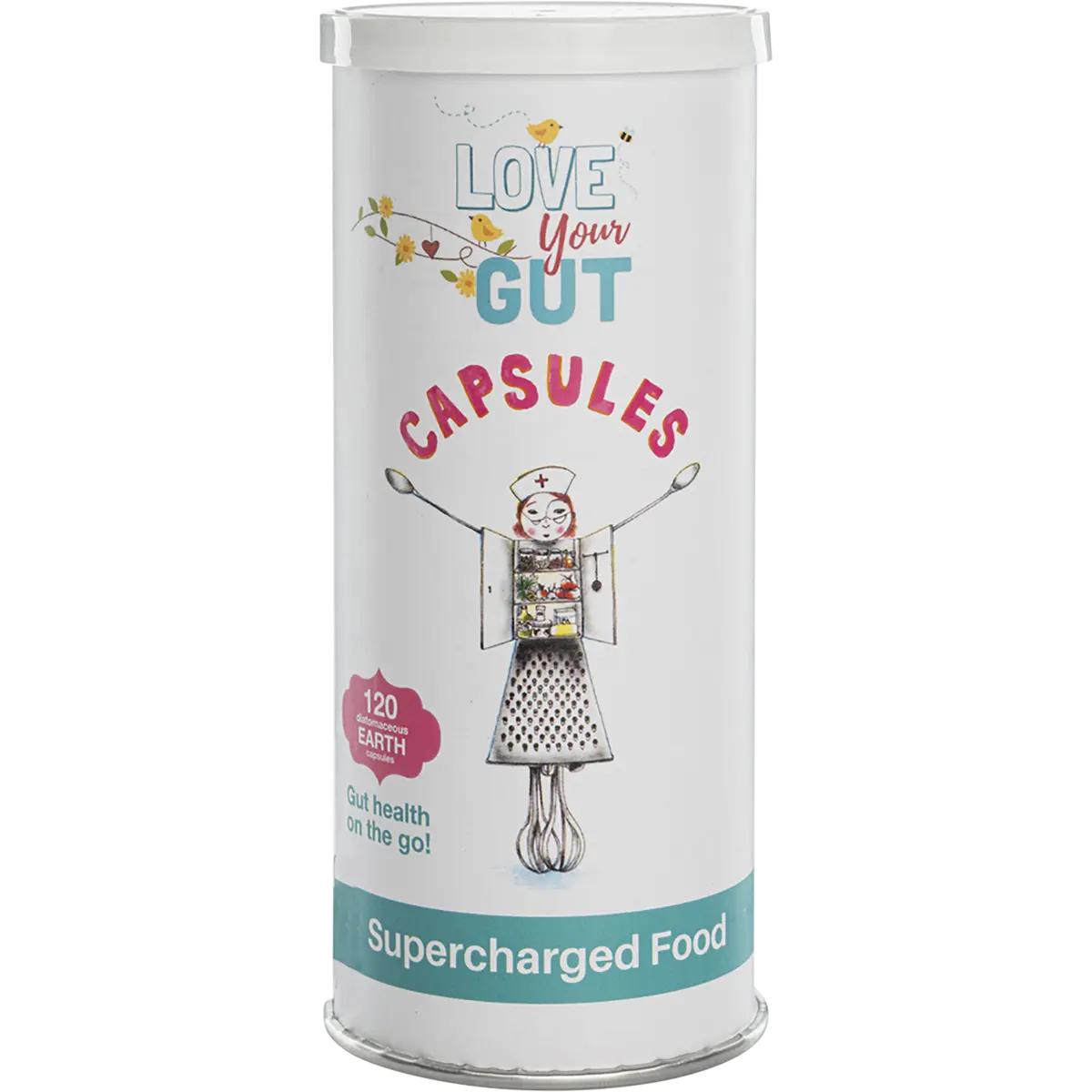 Supercharged Food Love Your Gut Diatomaceous Earth 120 Capsules — front pack image (UHP)