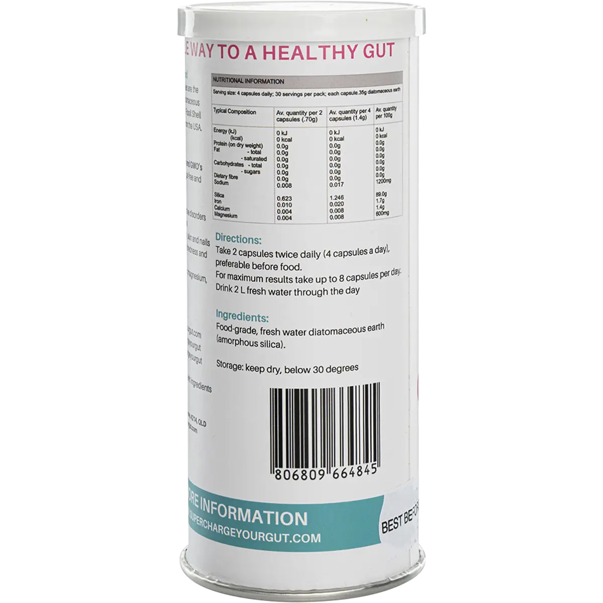 Supercharged Food Love Your Gut Diatomaceous Earth 120 Capsules — side pack image (UHP)