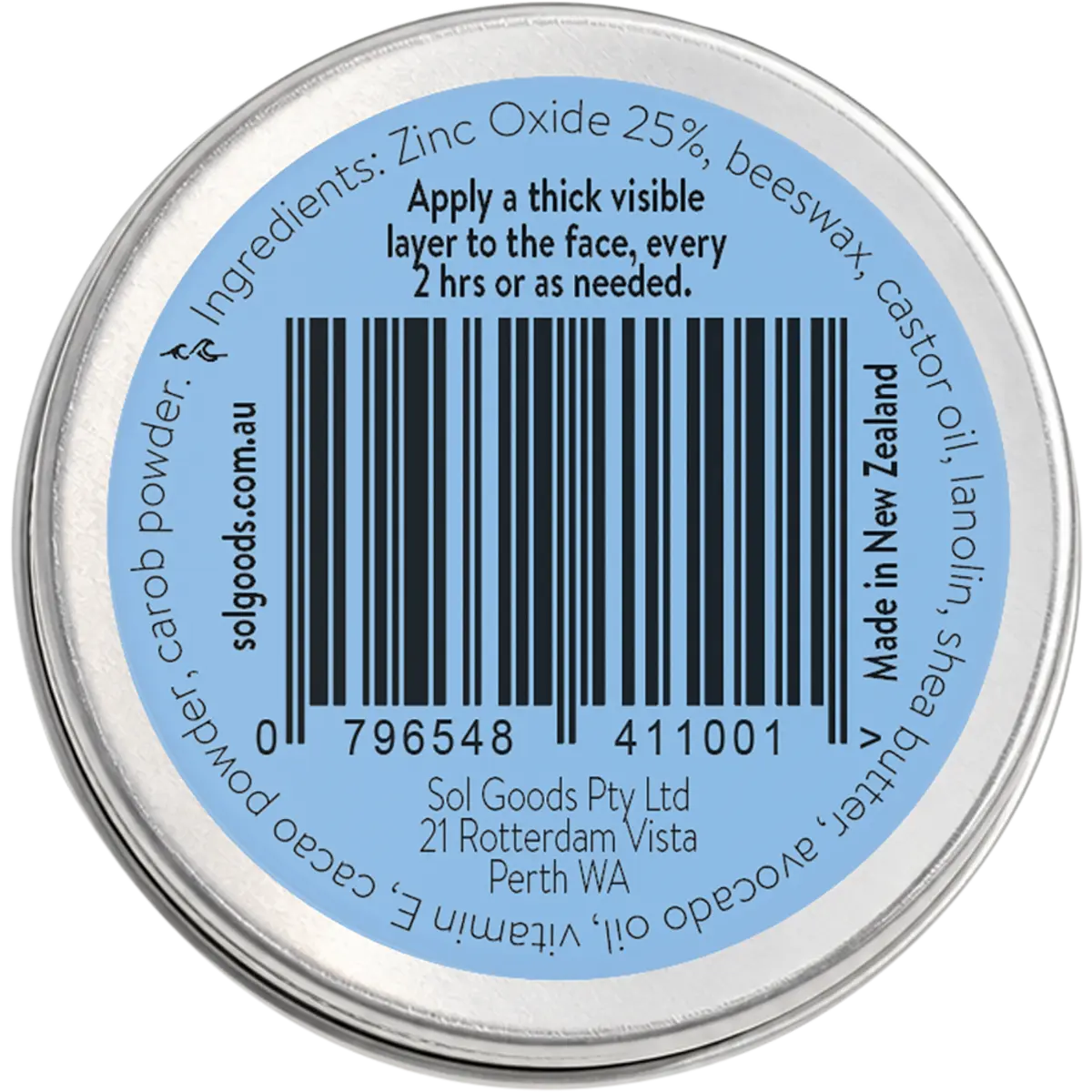 Sol Goods Natural Zinc 50g — back of pack
