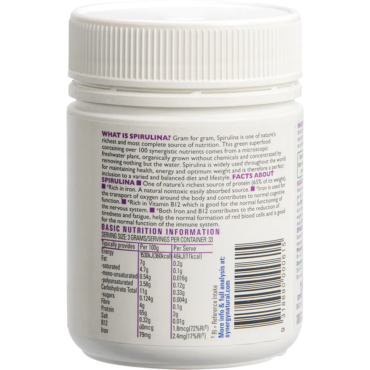 Synergy Natural Organic Spirulina Powder — side pack image (UHP)