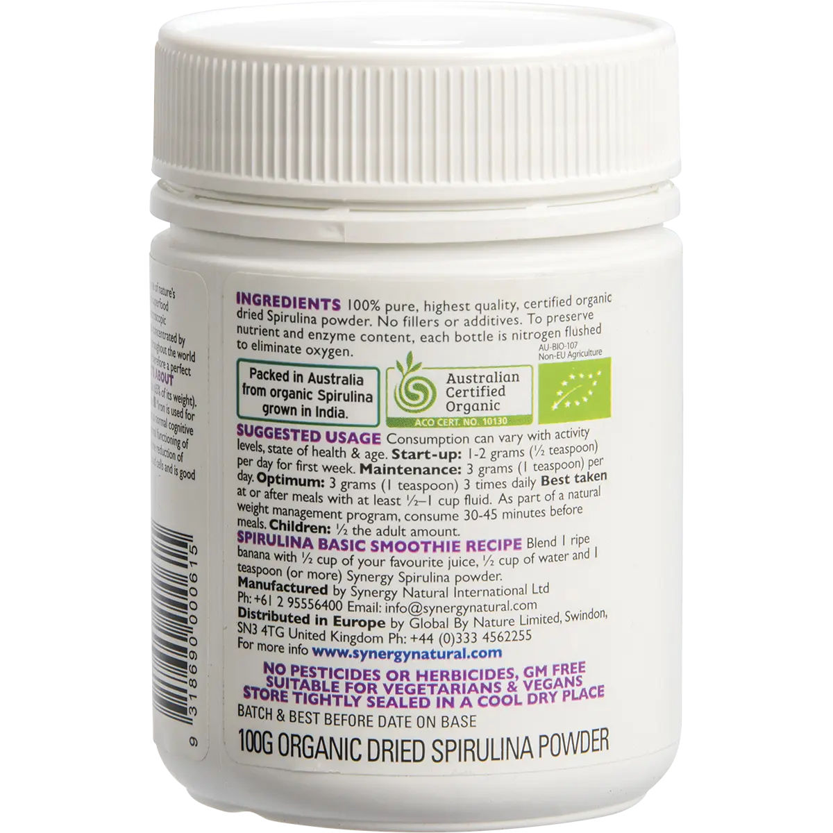 Synergy Natural Organic Spirulina Powder — side pack image (UHP)