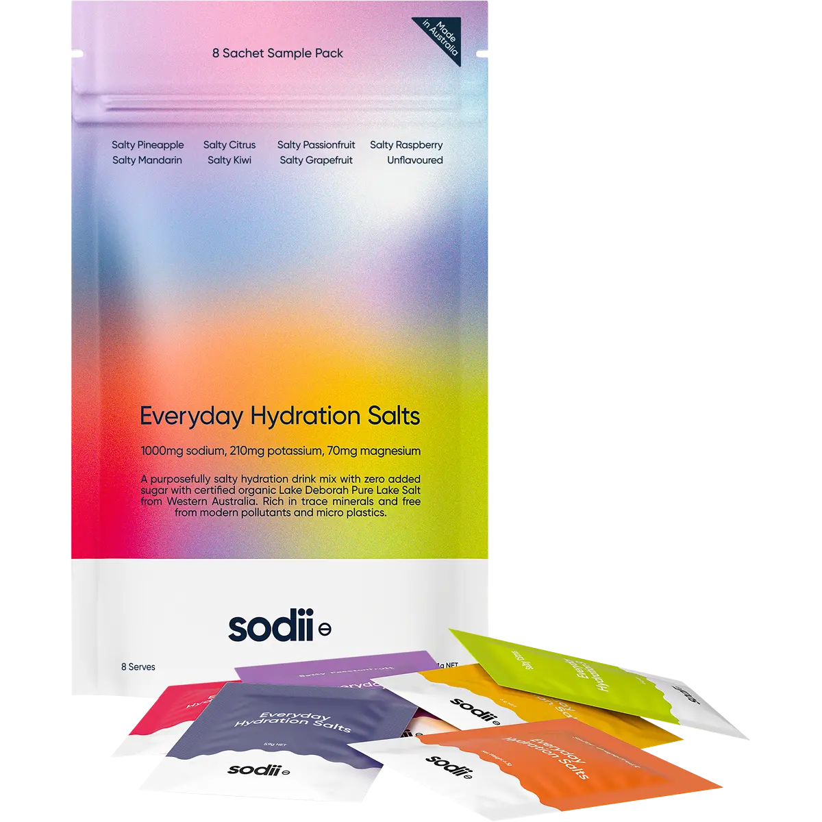 Sodii Everyday Hydration Salts Mixed Flavour 8pk — front pack image (UHP)