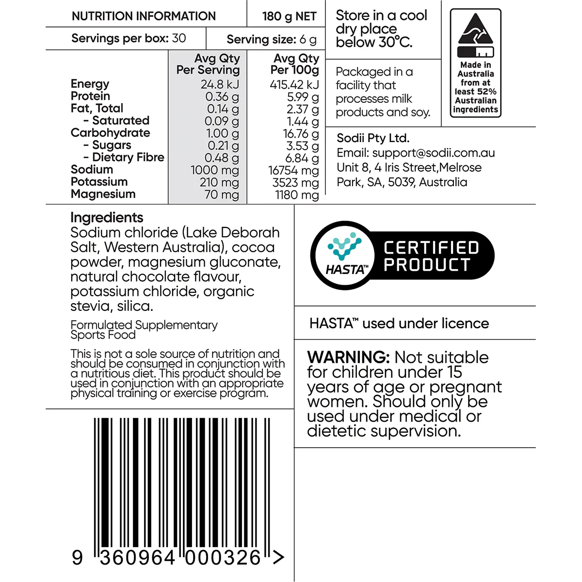 Sodii Everyday Hydration Salts Salty Chocolate — nutrition panel (UHP)