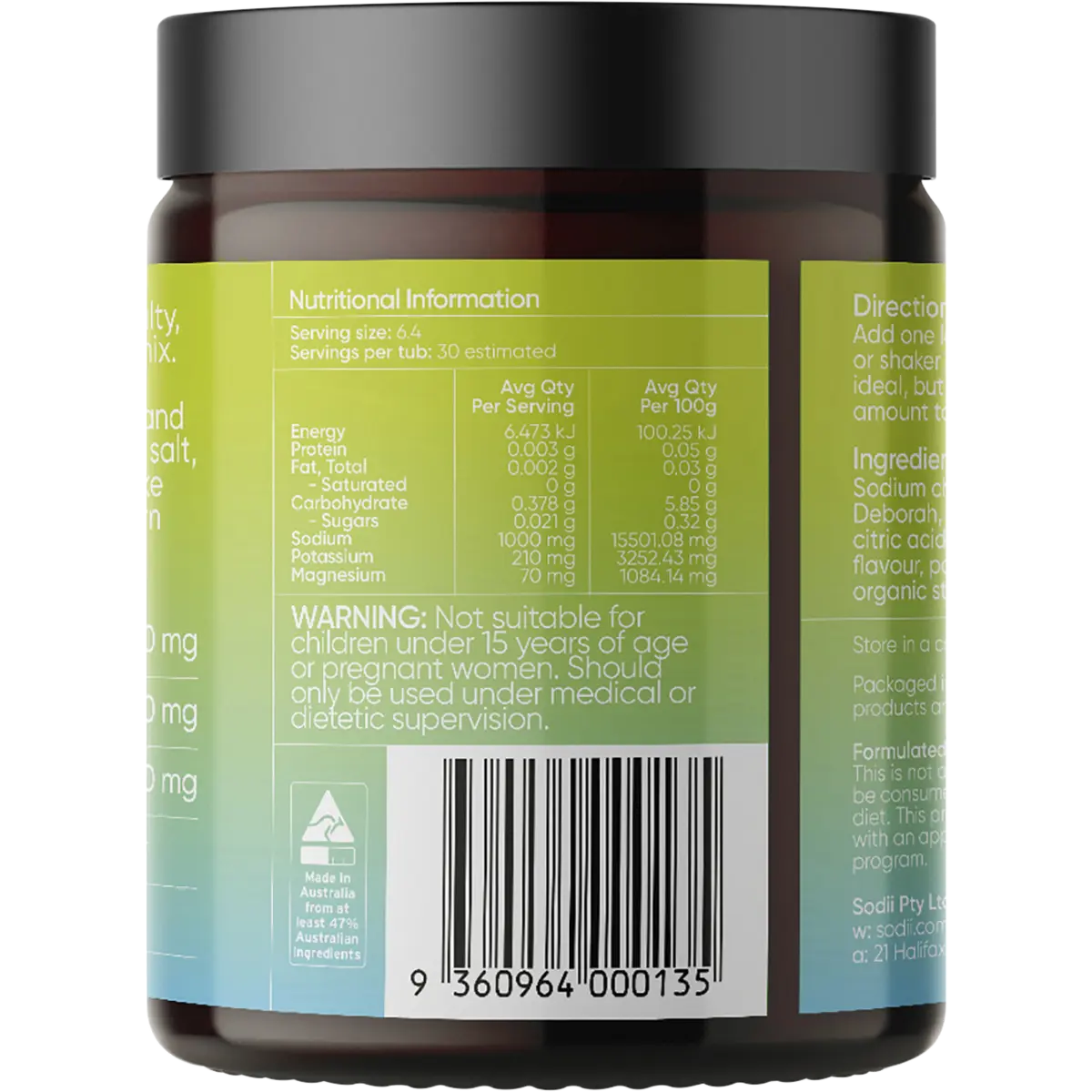 Sodii Everyday Hydration Salts Salty Citrus 185g — back of pack and product information