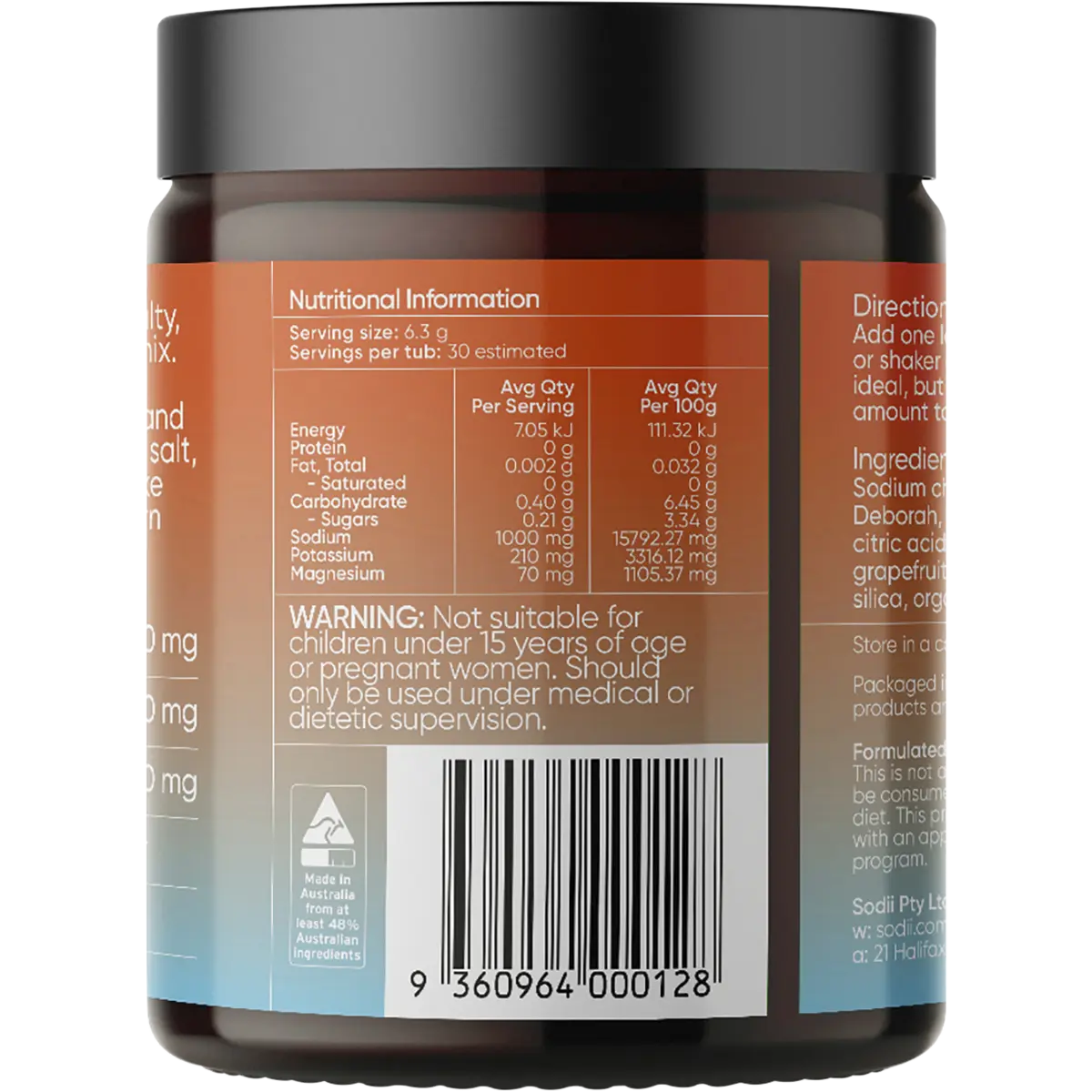 Sodii Everyday Hydration Salts Salty Grapefruit 185g — back of pack and product information