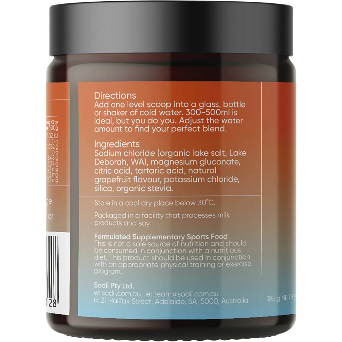 Sodii Everyday Hydration Salts Salty Grapefruit 185g — left side of pack