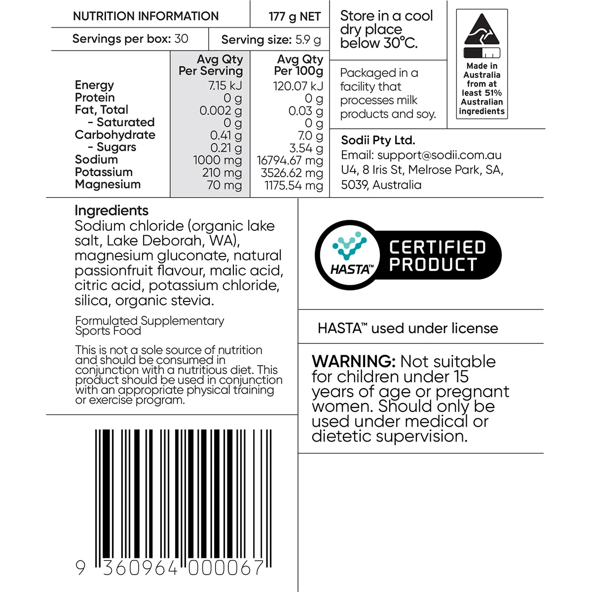 Sodii Everyday Hydration Salts Salty Passionfruit — nutrition panel (UHP)