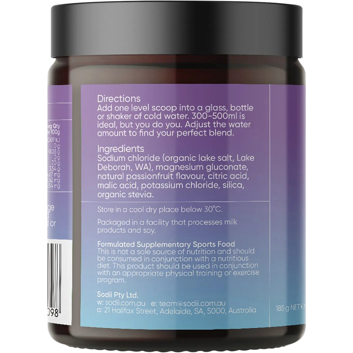 Sodii Everyday Hydration Salts Salty Passionfruit 185g — left side of pack