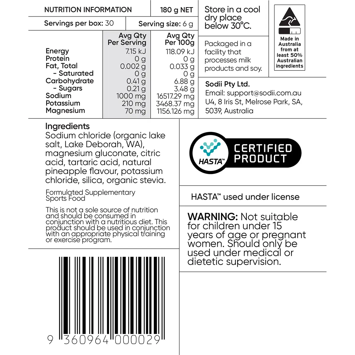 Sodii Everyday Hydration Salts Salty Pineapple — nutrition panel (UHP)