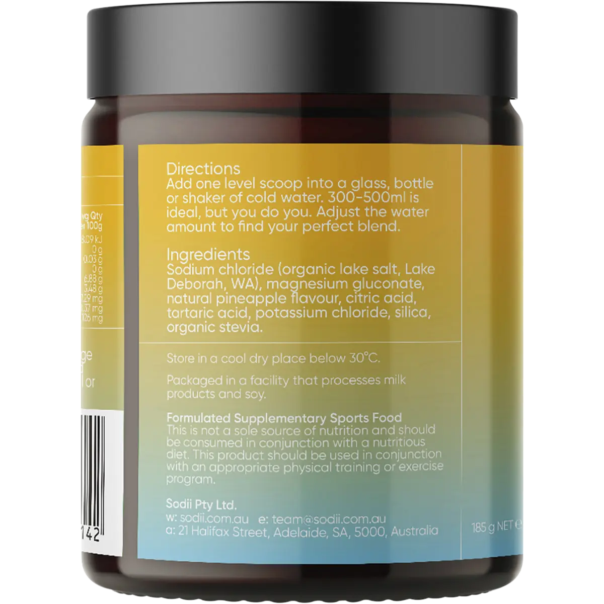 Sodii Everyday Hydration Salts Salty Pineapple 185g — left side of pack