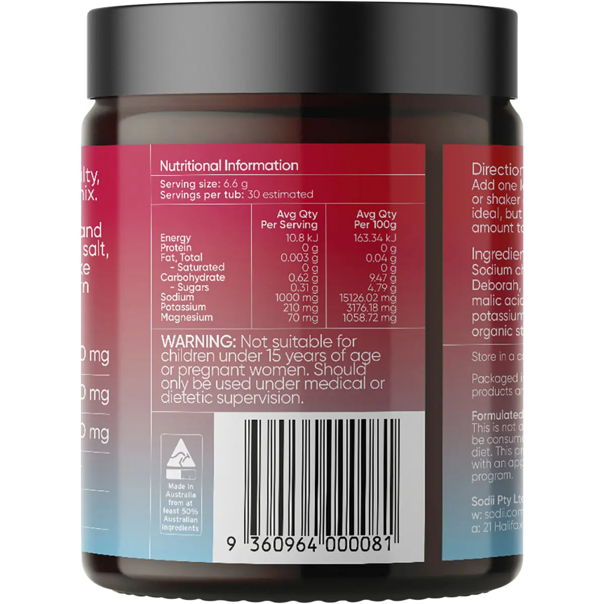 Sodii Everyday Hydration Salts Salty Raspberry 185g — back of pack and product information