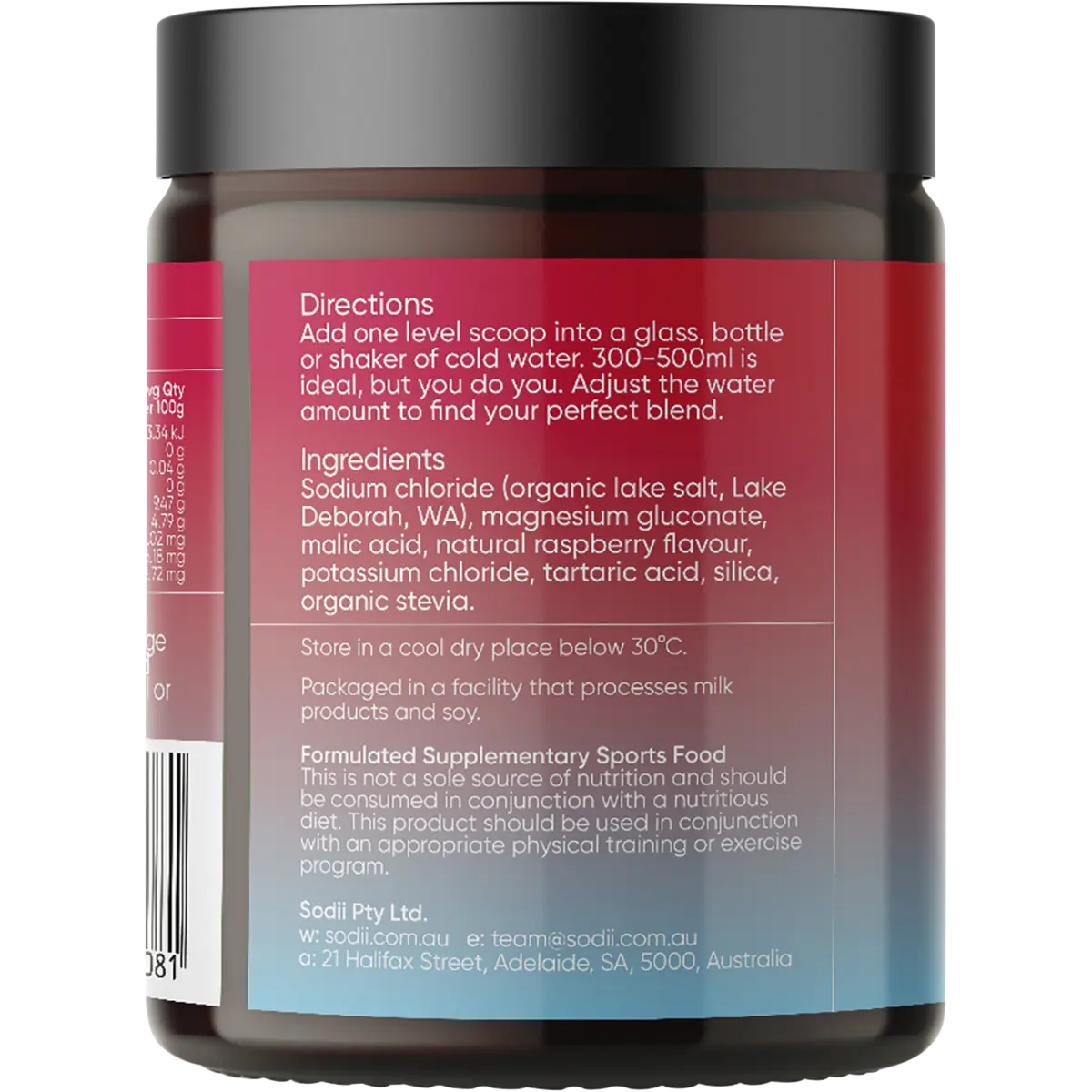 Sodii Everyday Hydration Salts Salty Raspberry 185g — left side of pack
