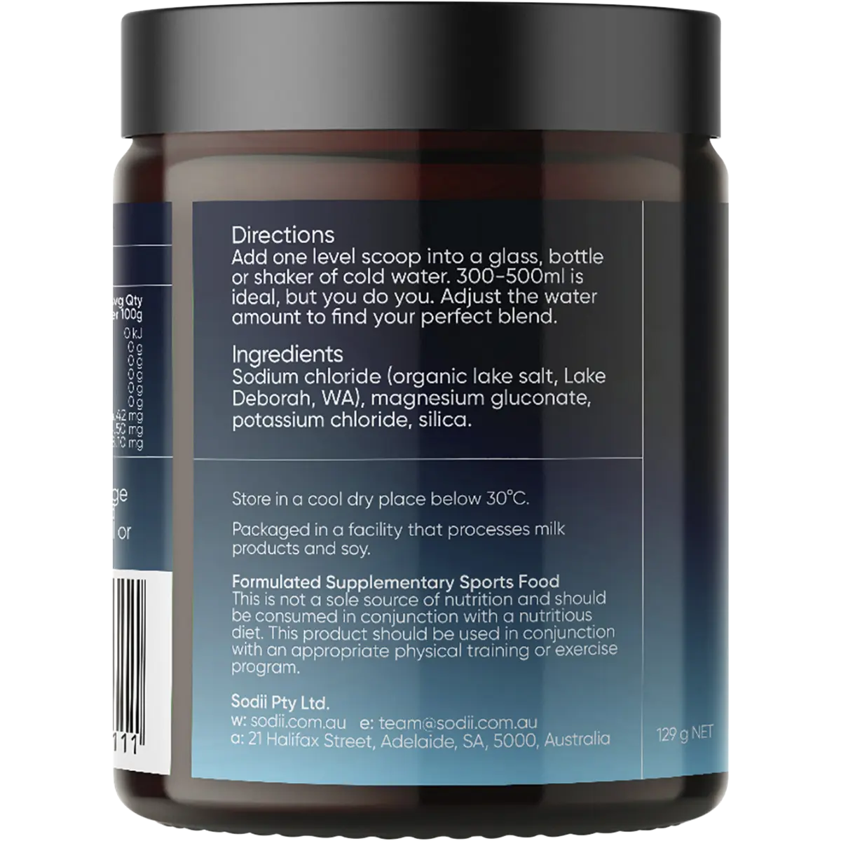 Sodii Everyday Hydration Salts Unflavoured 129g — left side of pack