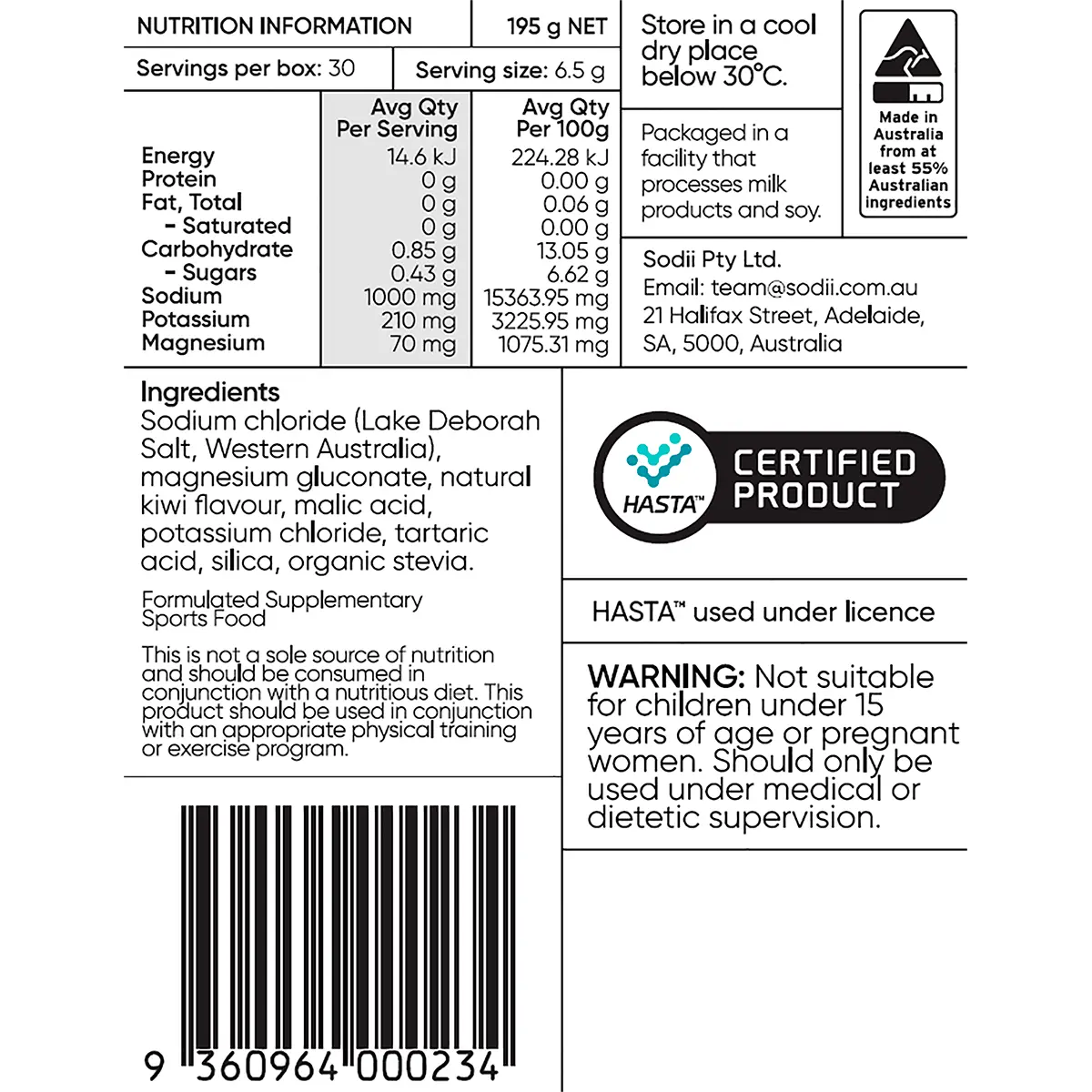 Sodii Everyday Hydration Salts Salty Kiwi — nutrition panel (UHP)