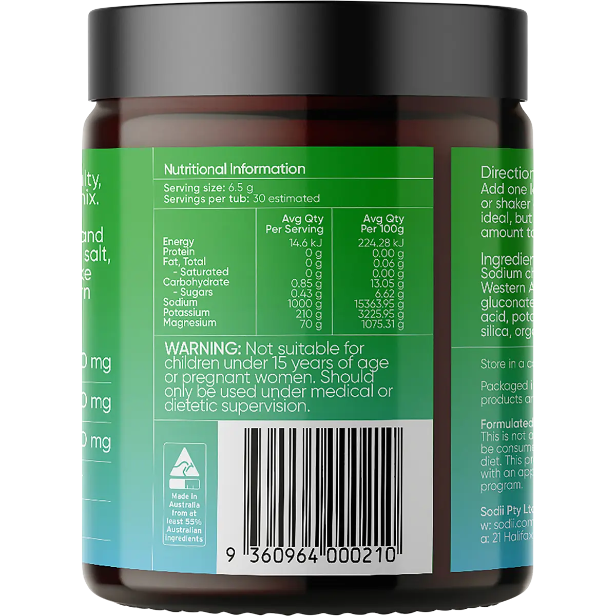 Sodii Everyday Hydration Salts Salty Kiwi 185g — back of pack and product information