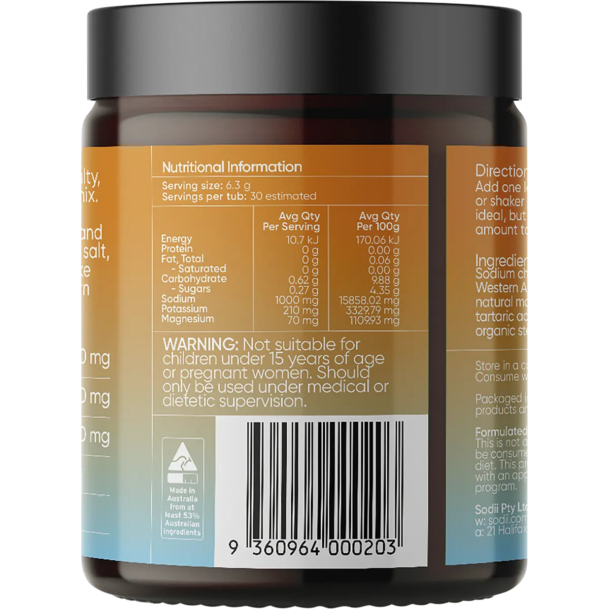 Sodii Everyday Hydration Salts Salty Mandarin 185g — back of pack and product information