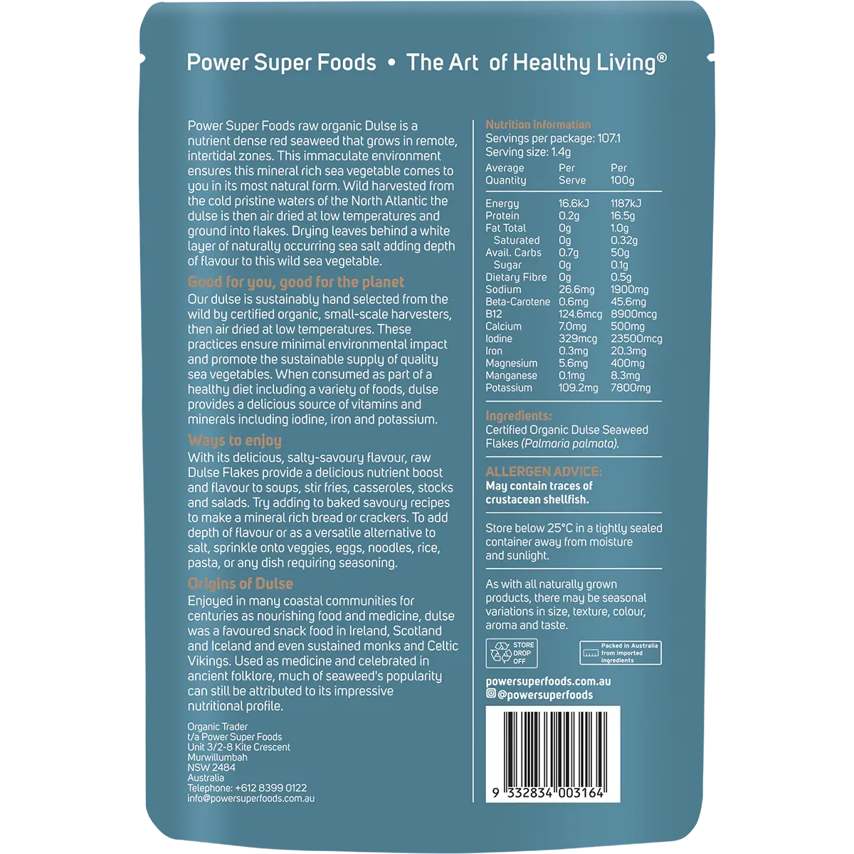 Power Super Foods Dulse Flakes Certified Organic  150g — back of pack and product information