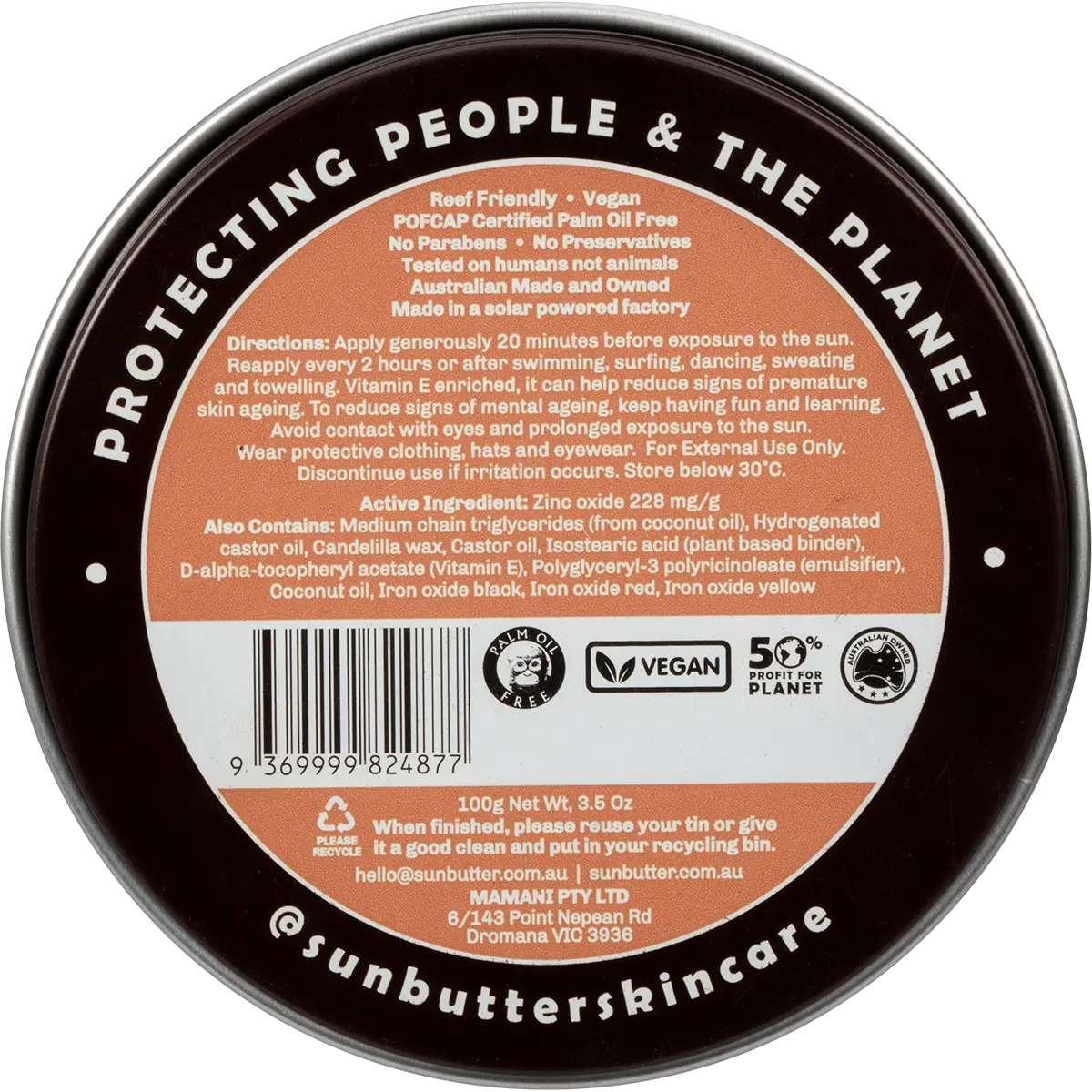 SunButter Tinted SPF50 Reef Safe Face Sunscreen 100g — back pack image (UHP)