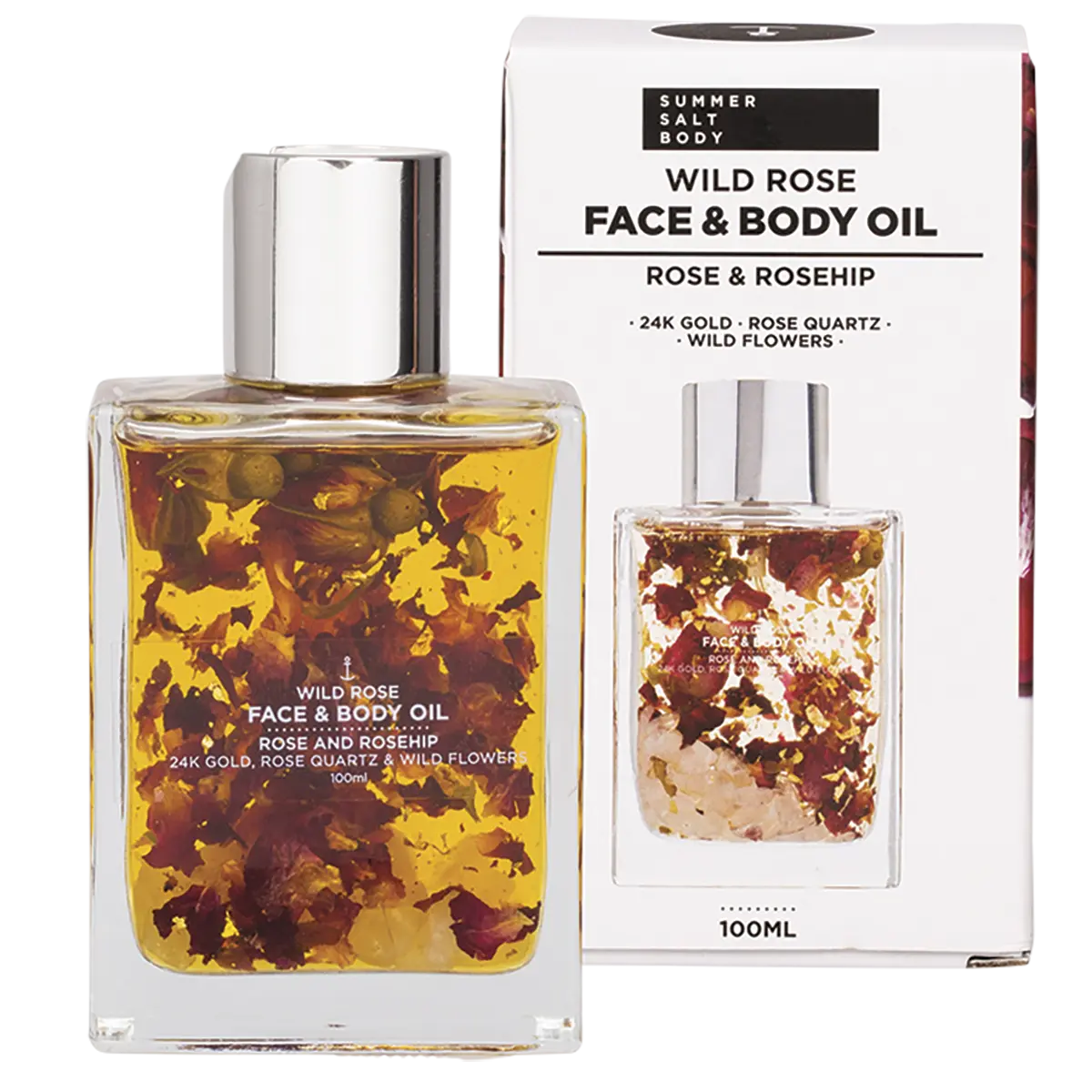 Summer Salt Face & Body Oil With 24K Gold Wild Rose - Rose Quartz 100ml — front pack image (UHP)
