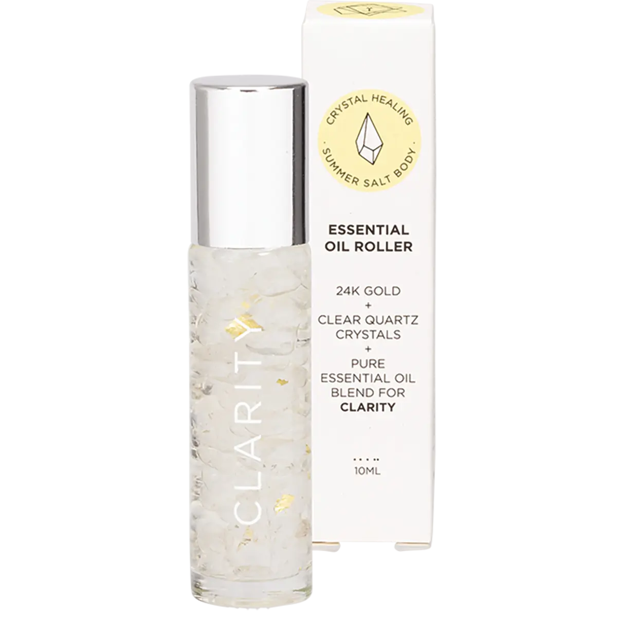 Summer Salt Body Essential Oil Roller with 24K Gold Clarity - Clear Quartz Crystals — front pack image (UHP)