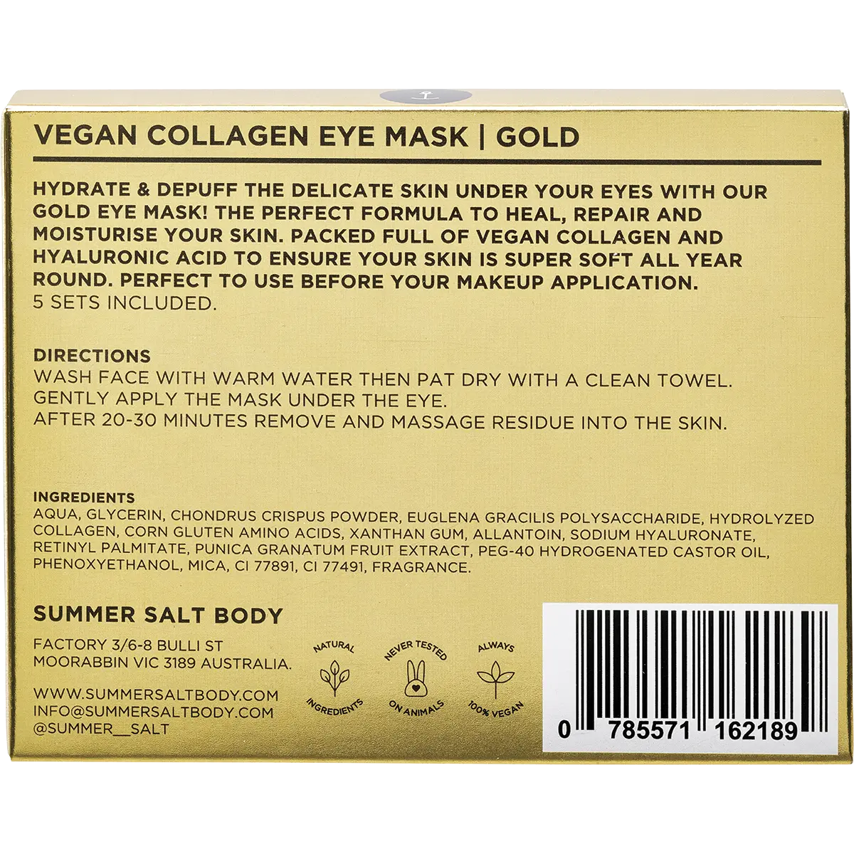 Summer Salt Body Vegan Collagen Eye Mask Gold — back pack image (UHP)