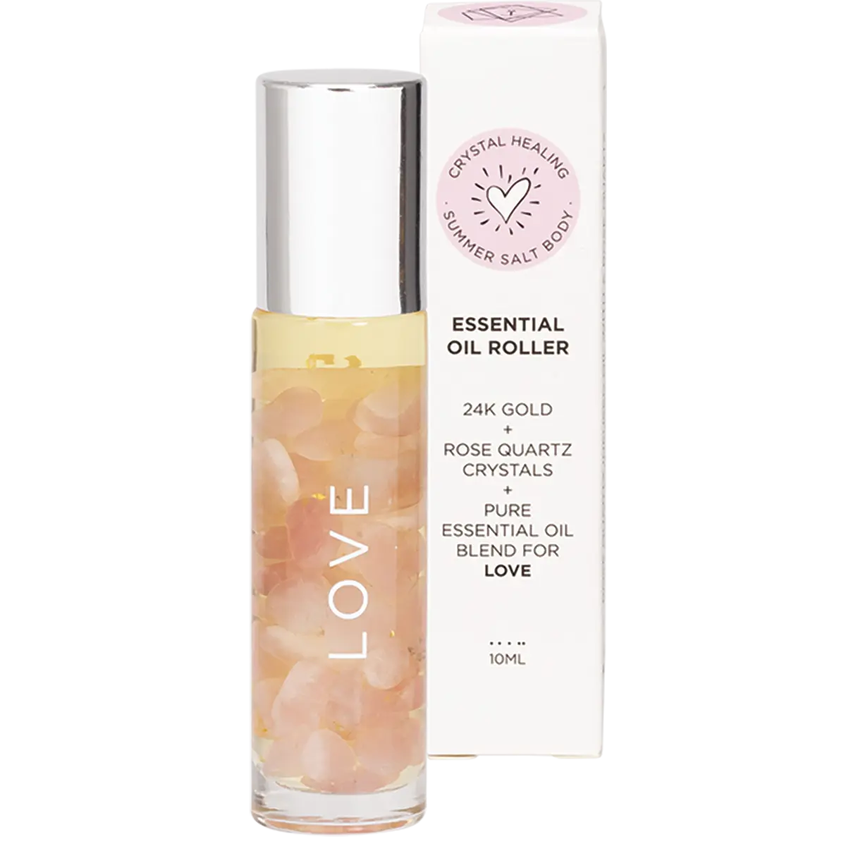 Summer Salt Body Essential Oil Roller With 24K Gold Love - Rose Quartz Crystals 10ml — front pack image (UHP)