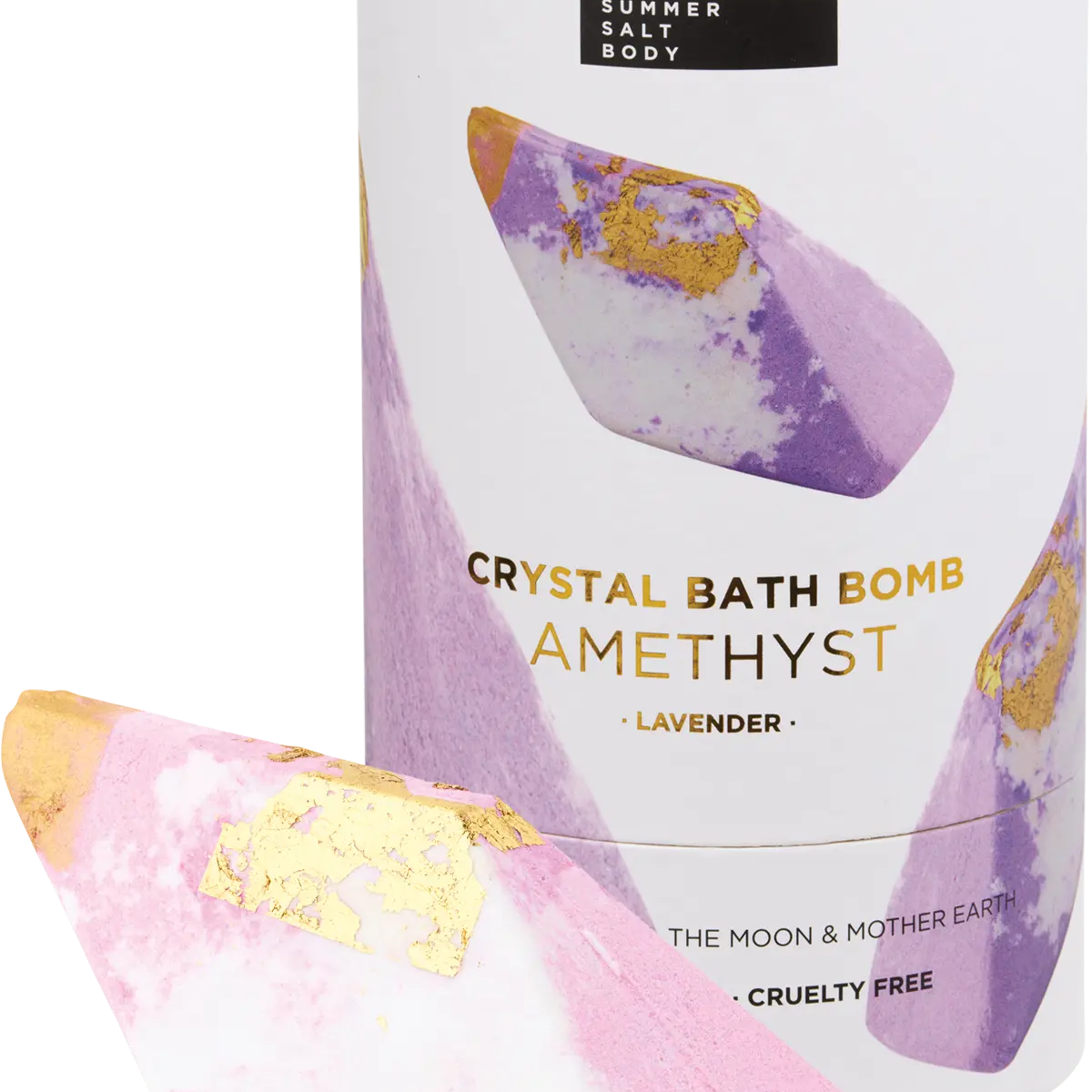 Summer Salt Body Crystal Bath Bomb Amethyst Lavender 110g — front pack image (UHP)