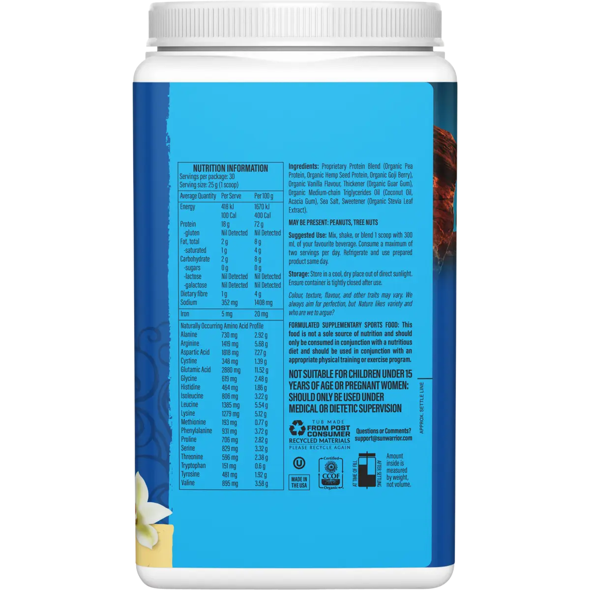 Sunwarrior Protein Powder Warrior Blend Vanilla — side pack image (UHP)