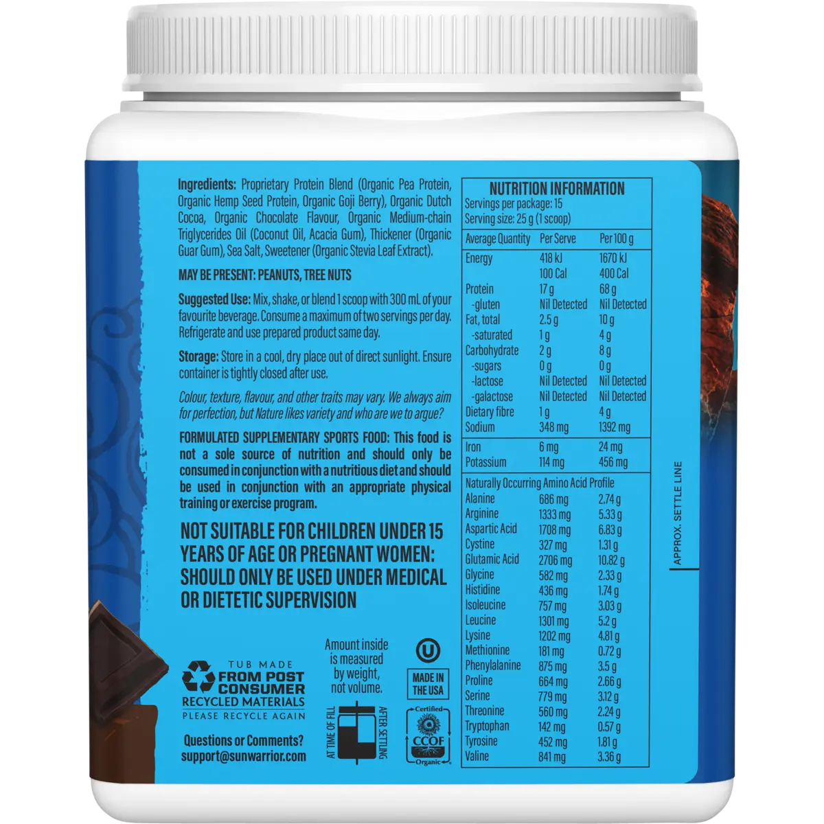 Sunwarrior Protein Powder Warrior Blend Chocolate — side pack image (UHP)