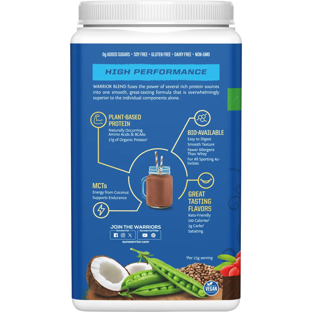 Sunwarrior Protein Powder Warrior Blend Chocolate — side pack image (UHP)