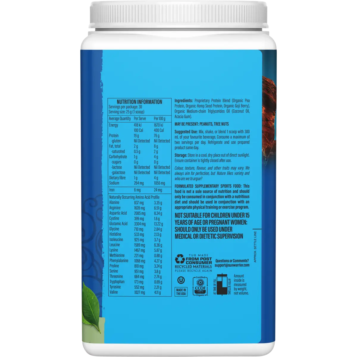 Sunwarrior Protein Powder Warrior Blend Unflavoured — side pack image (UHP)