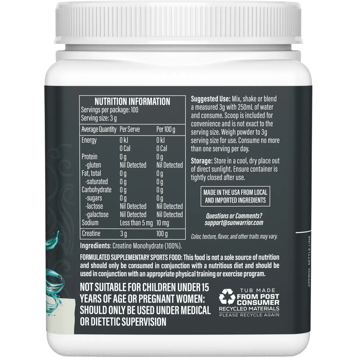 Sunwarrior Active Creatine Monohydrate Unflavoured 300g — side pack image (UHP)