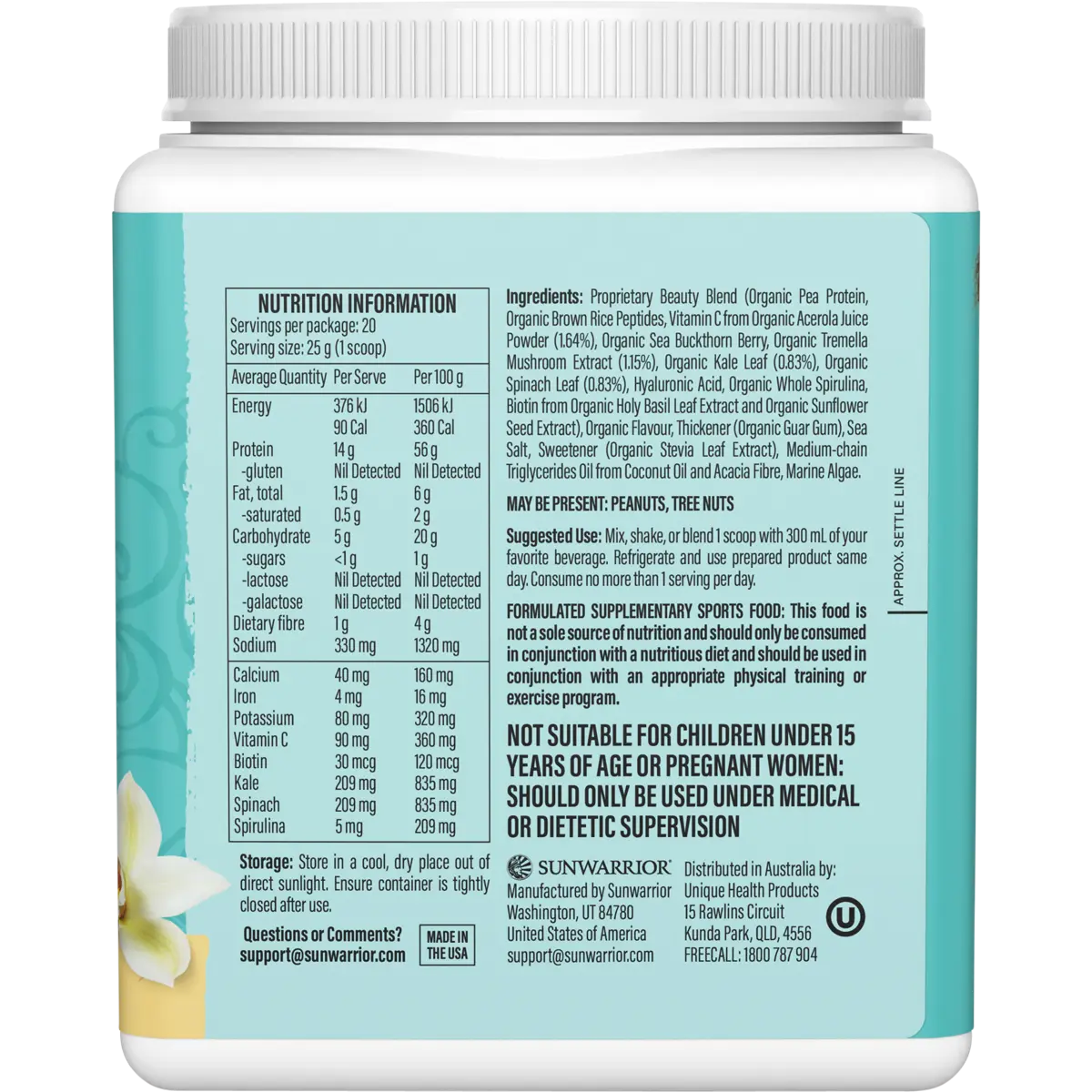 Sunwarrior Collagen Building Protein Peptides Tahitian Vanilla 500g — side pack image (UHP)