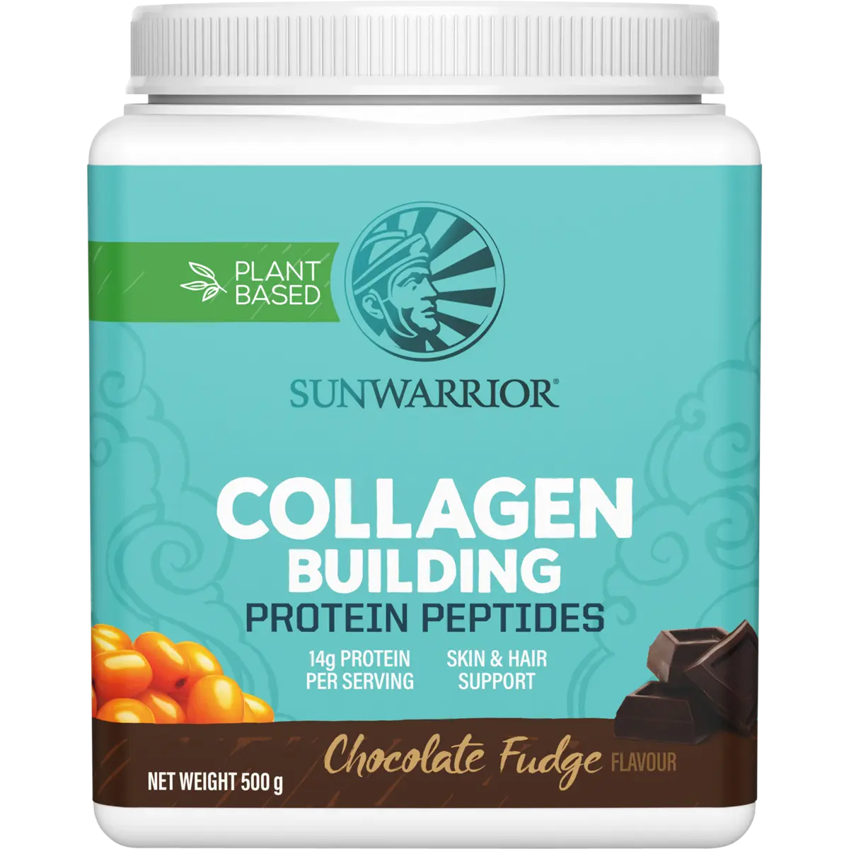Sunwarrior Collagen Building Protein Peptides Chocolate Fudge 500g — front pack image (UHP)