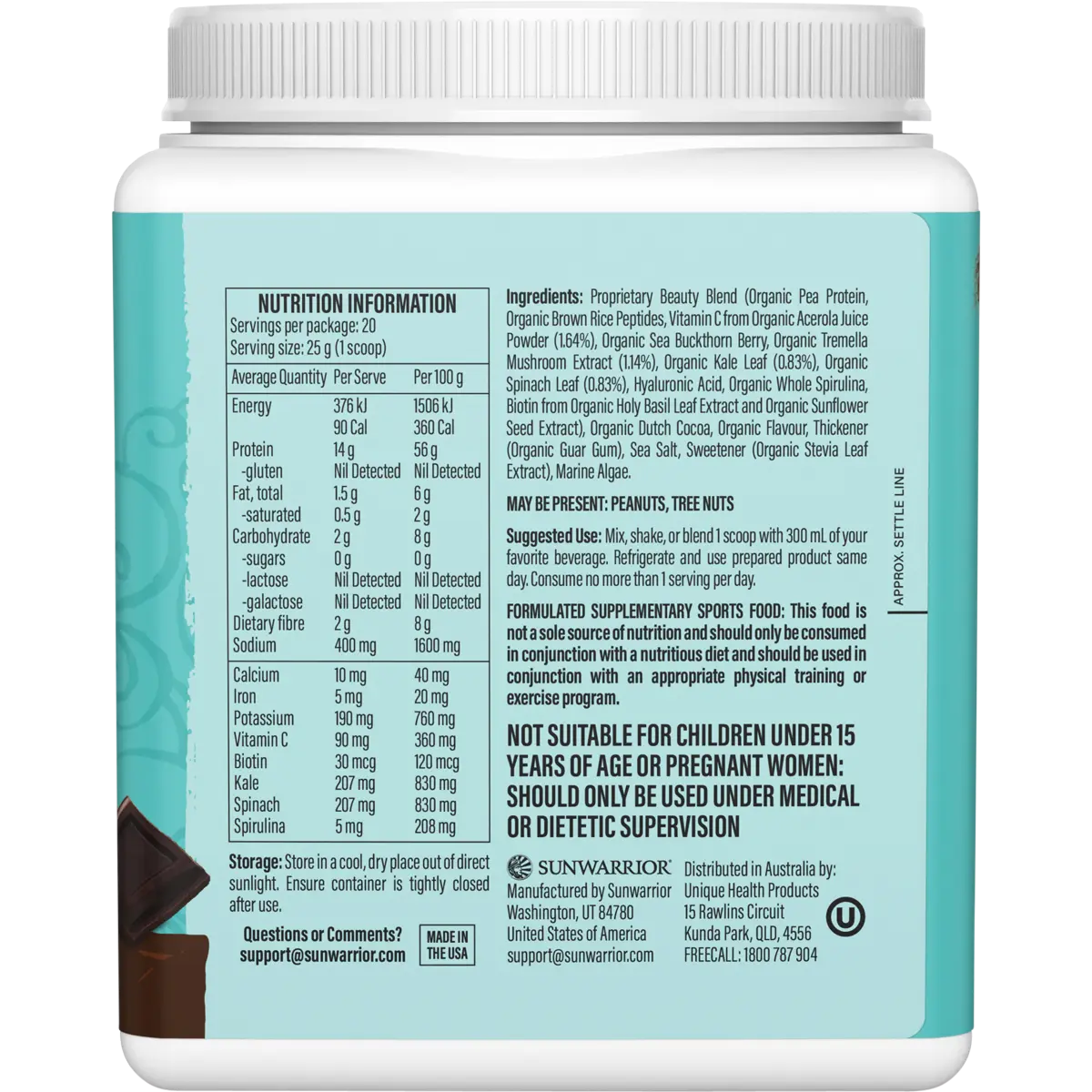 Sunwarrior Collagen Building Protein Peptides Chocolate Fudge 500g — side pack image (UHP)