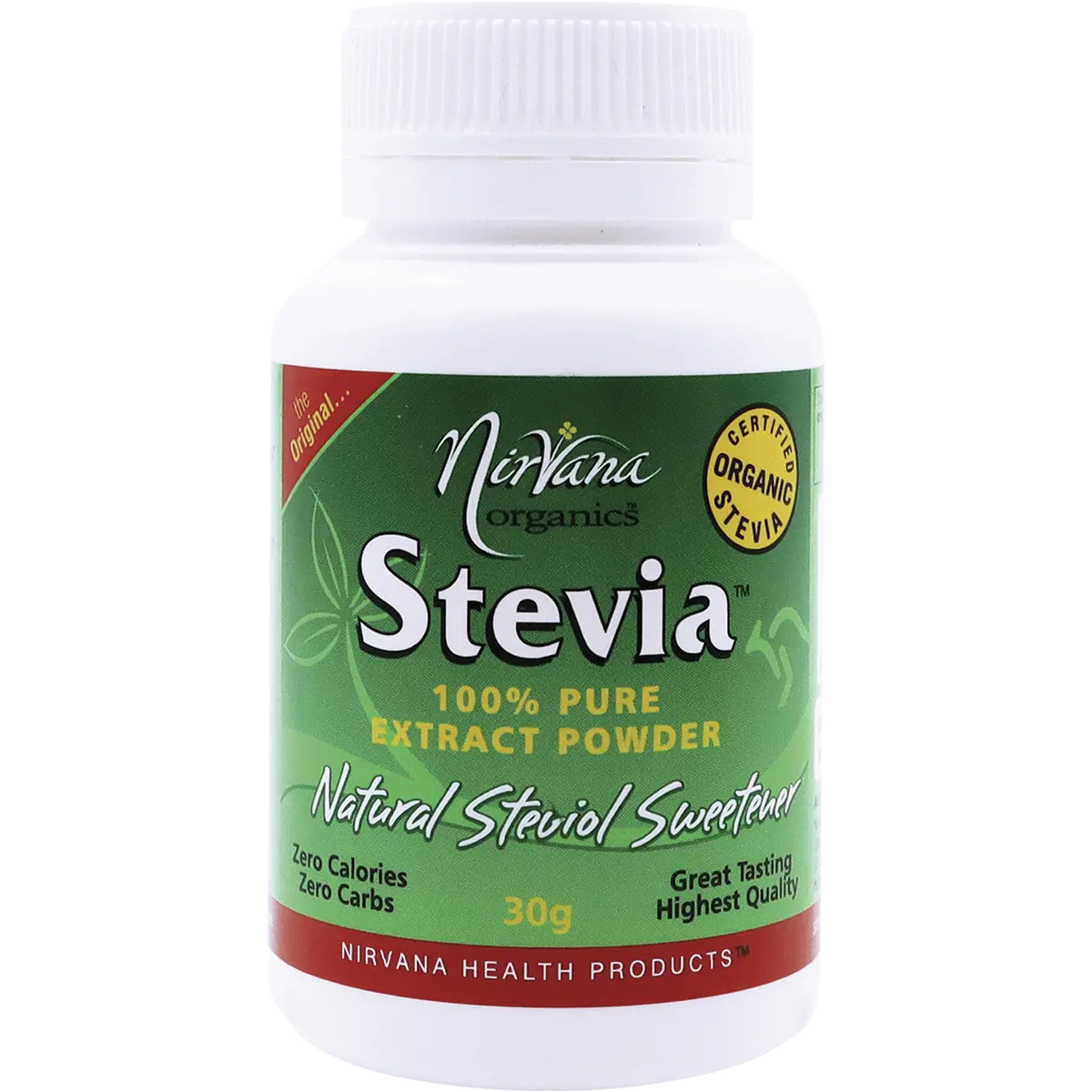 Nirvana Organics Stevia 100% Pure Extract Powder — front pack image (UHP)