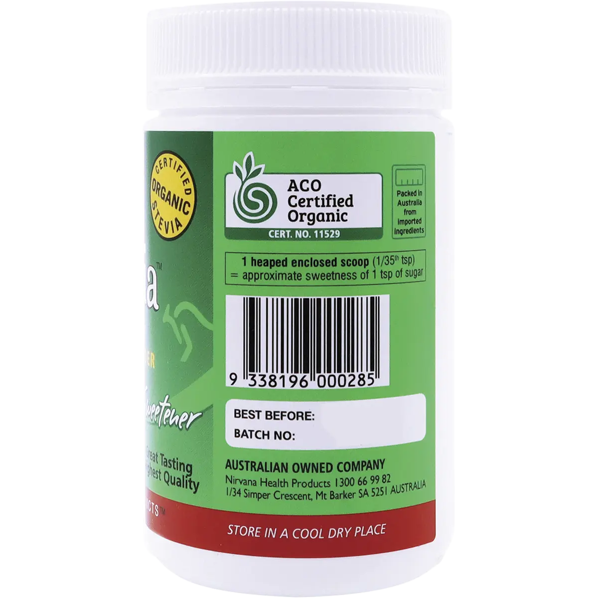 Nirvana Organics Stevia 100% Pure Extract Powder — side pack image (UHP)