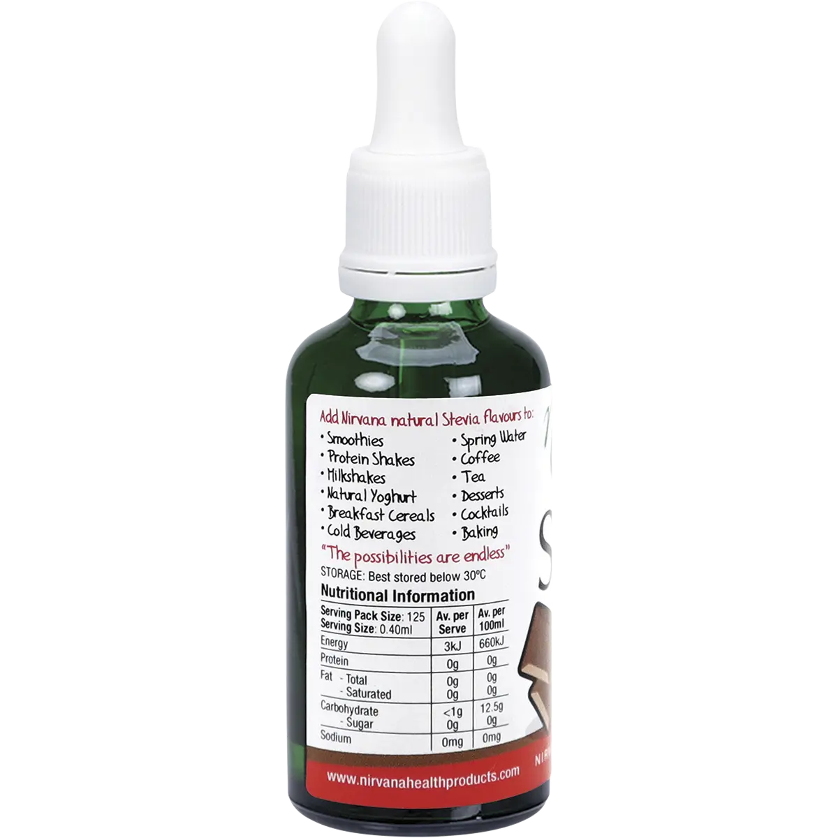 Nirvana Organics Liquid Stevia Chocolate 50ml — side pack image (UHP)