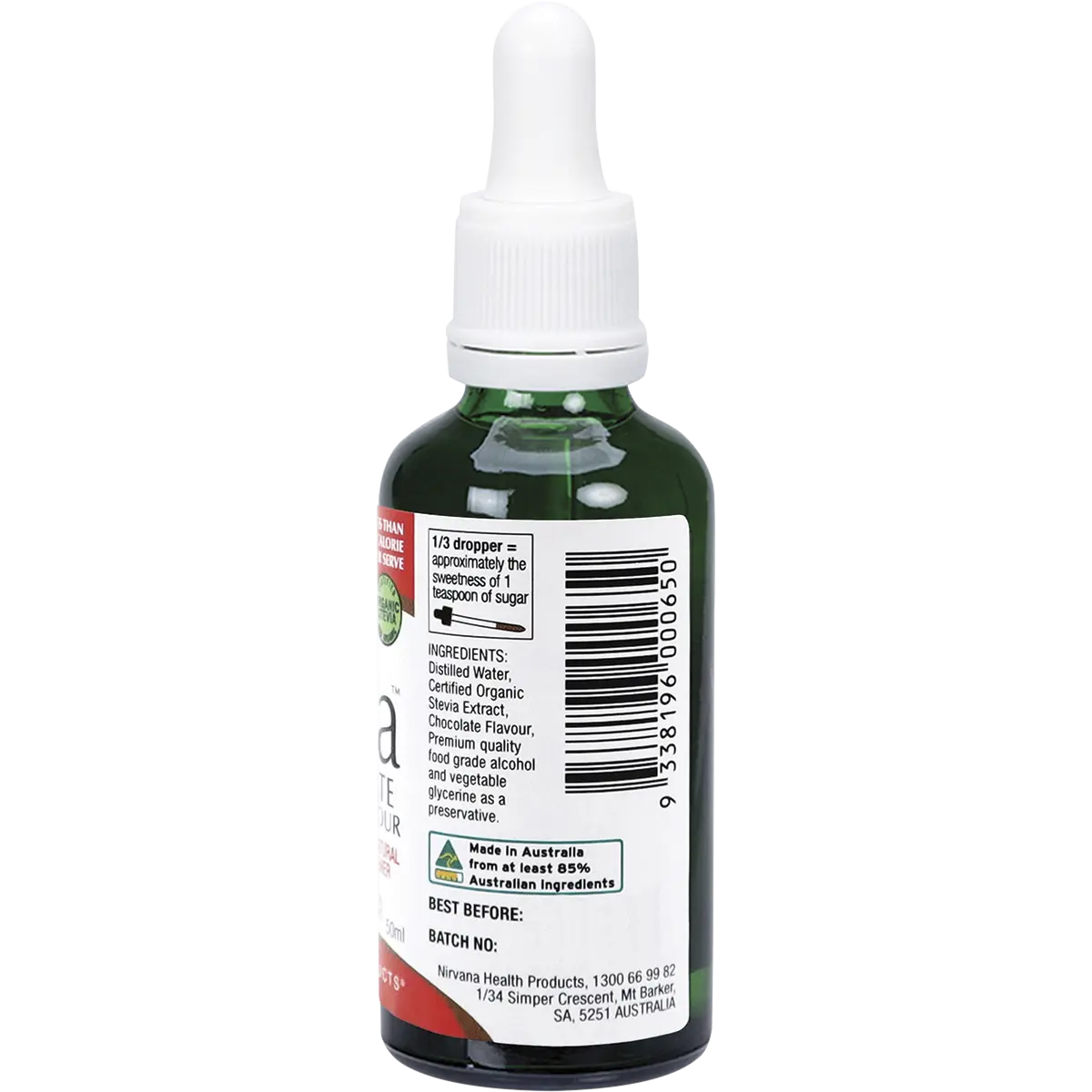 Nirvana Organics Liquid Stevia Chocolate 50ml — side pack image (UHP)