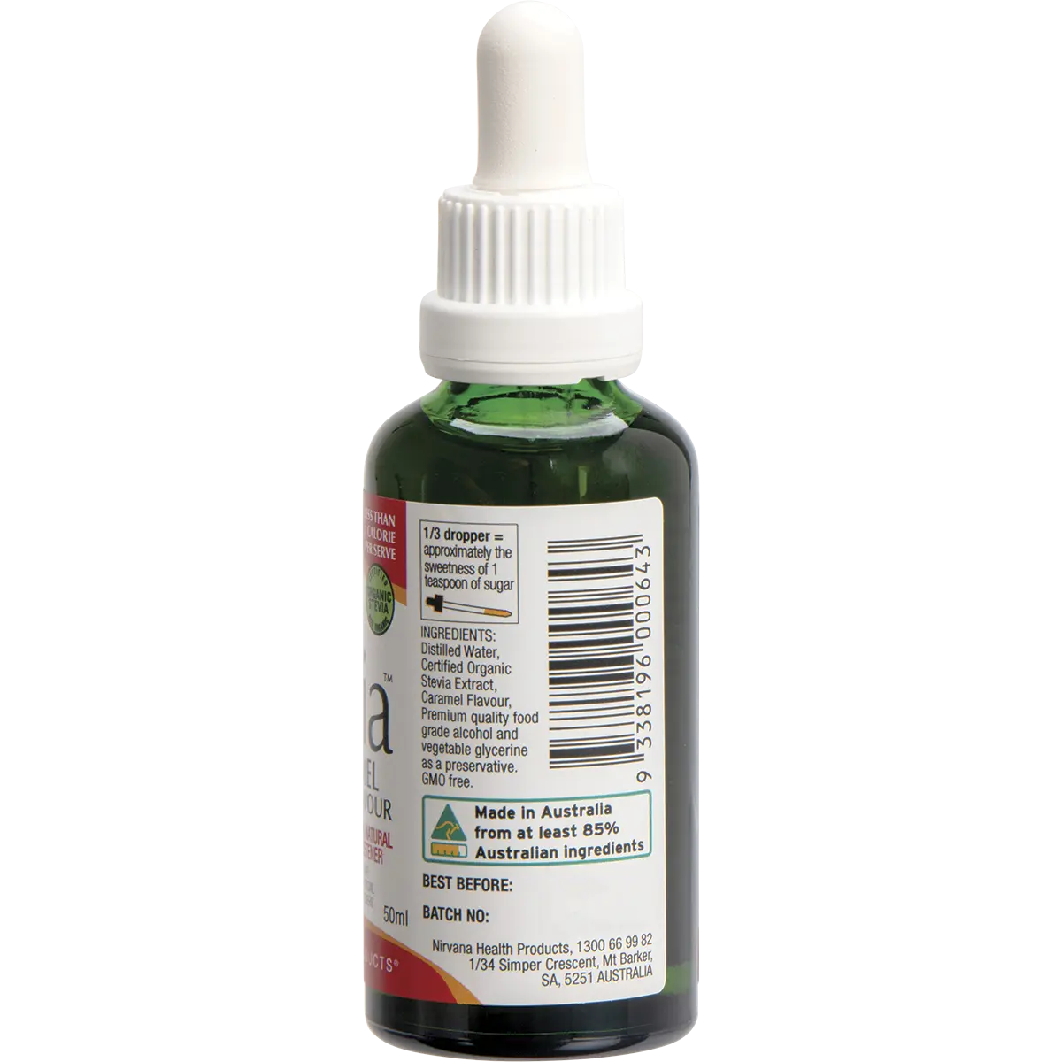 Nirvana Organics Liquid Stevia Caramel 50ml — side pack image (UHP)