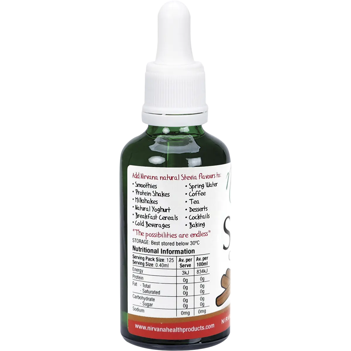 Nirvana Organics Liquid Stevia Cinnamon 50ml — side pack image (UHP)