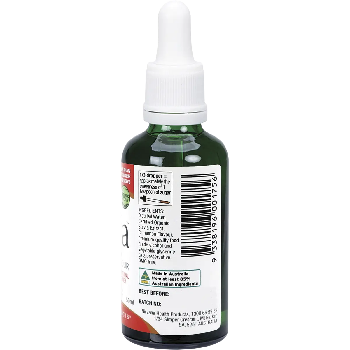 Nirvana Organics Liquid Stevia Cinnamon 50ml — side pack image (UHP)